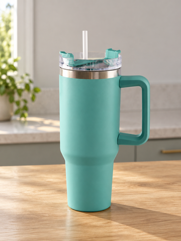 T&CO refreshing mint turquoise vacuum insulated travel tumbler with large ergonomic handle, rotating lid, and reusable straw