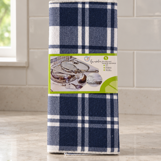 Fresh ultra-absorbent navy blue and white plaid microfiber dish drying mat with reinforced border in retail packaging