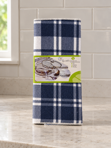 Fresh ultra-absorbent navy blue and white plaid microfiber dish drying mat with reinforced border in retail packaging