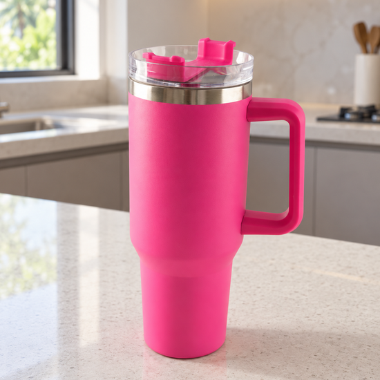 T&CO bold fuchsia hot pink vacuum insulated travel tumbler with large side handle and multi-position clear lid