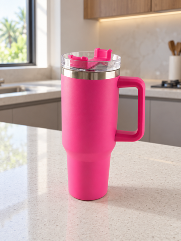 T&CO bold fuchsia hot pink vacuum insulated travel tumbler with large side handle and multi-position clear lid