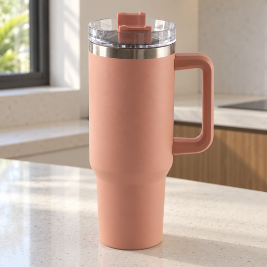 T&CO elegant peach blush coral vacuum insulated travel tumbler with comfortable side handle and clear rotating lid