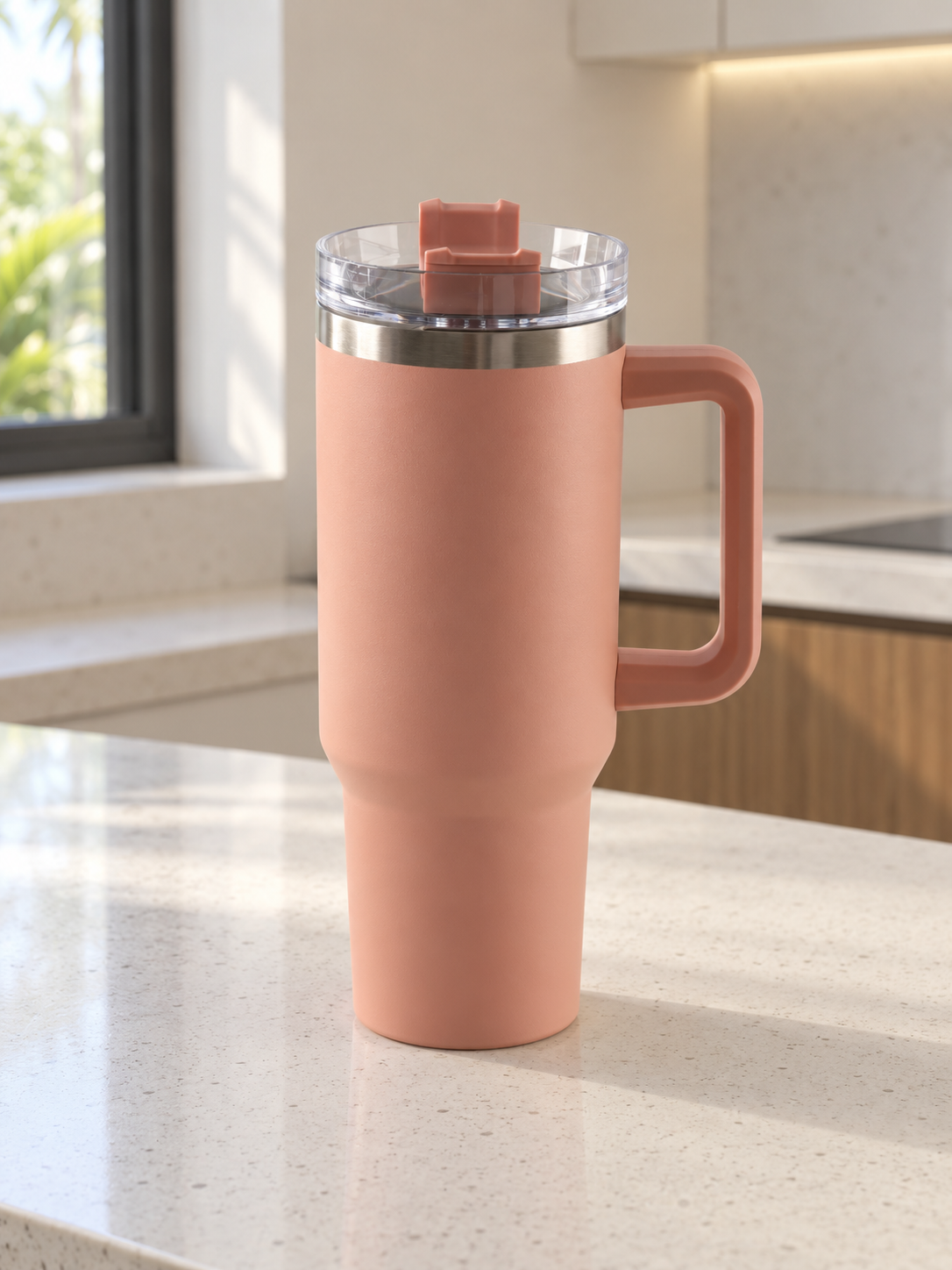 T&CO elegant peach blush coral vacuum insulated travel tumbler with comfortable side handle and clear rotating lid