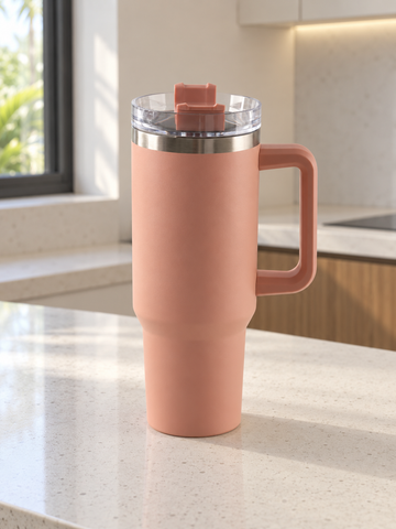 T&CO elegant peach blush coral vacuum insulated travel tumbler with comfortable side handle and clear rotating lid