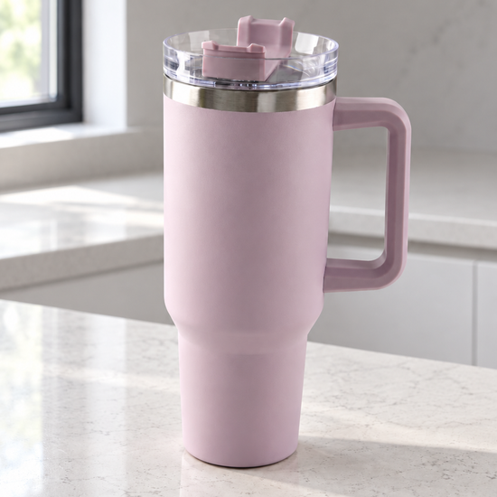 T&CO pastel lilac pink vacuum insulated travel tumbler with large side handle and multi-position clear lid