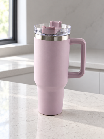 T&CO pastel lilac pink vacuum insulated travel tumbler with large side handle and multi-position clear lid