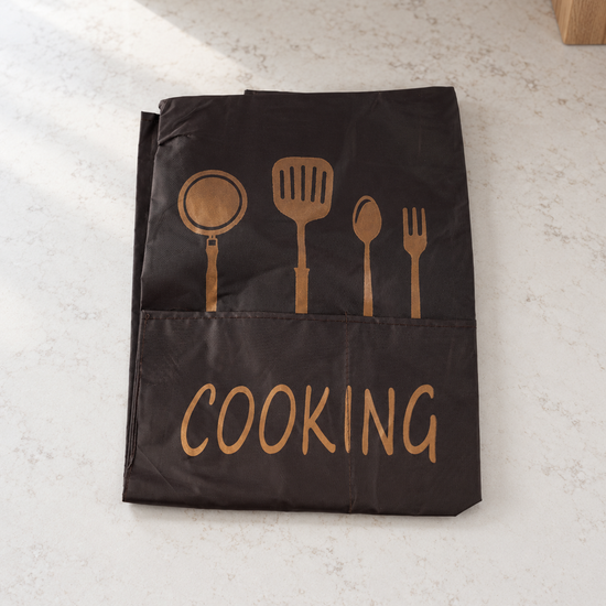 Fresh waterproof dark coffee brown kitchen apron with front pocket, golden utensil print, and COOKING script
