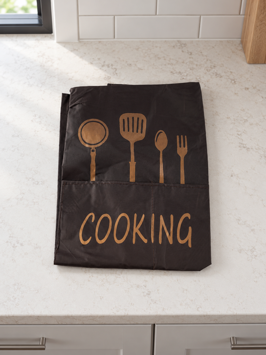 Fresh waterproof dark coffee brown kitchen apron with front pocket, golden utensil print, and COOKING script