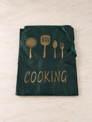 Fresh waterproof dark forest green kitchen apron with front pocket, golden utensil print, and COOKING script