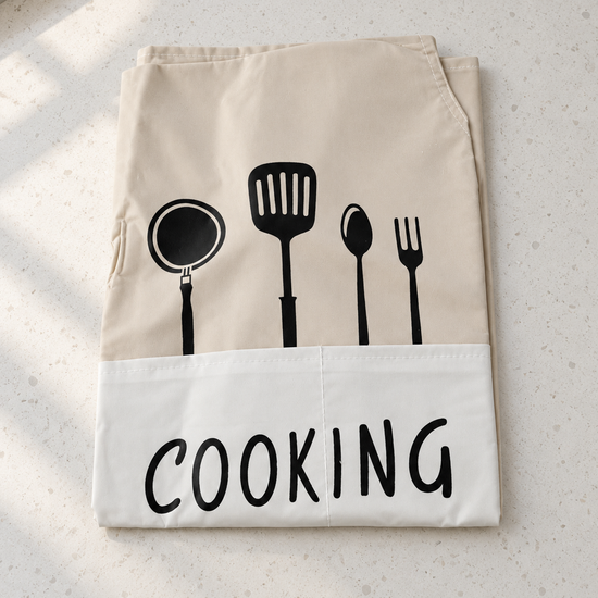 Fresh waterproof beige and cream kitchen apron with white pocket, black utensil print, and COOKING script