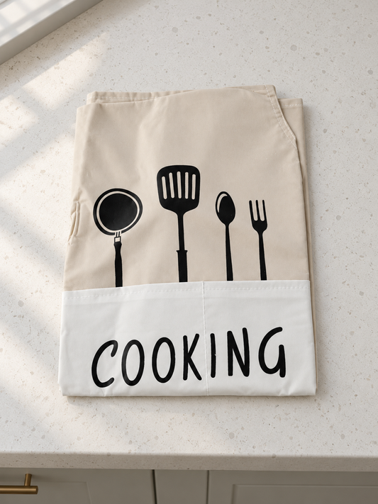 Fresh waterproof beige and cream kitchen apron with white pocket, black utensil print, and COOKING script