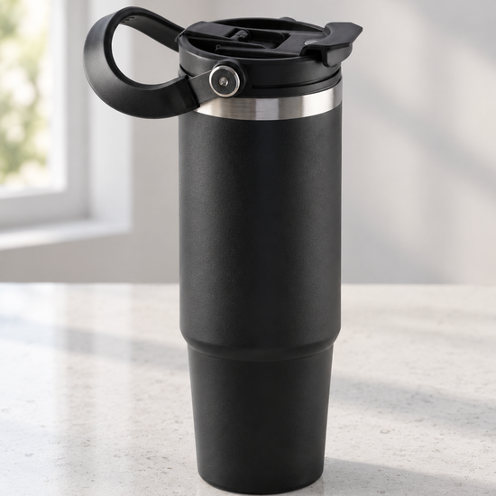 T&CO sleek matte black vacuum insulated travel tumbler with hinged top carry handle, stainless rim, and tapered base