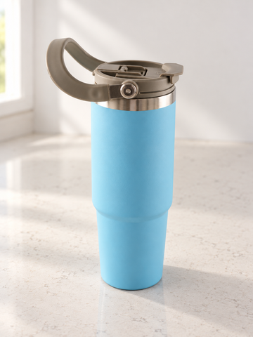 T&CO sky blue vacuum insulated travel tumbler with khaki grey swing carry handle and flip sip lid