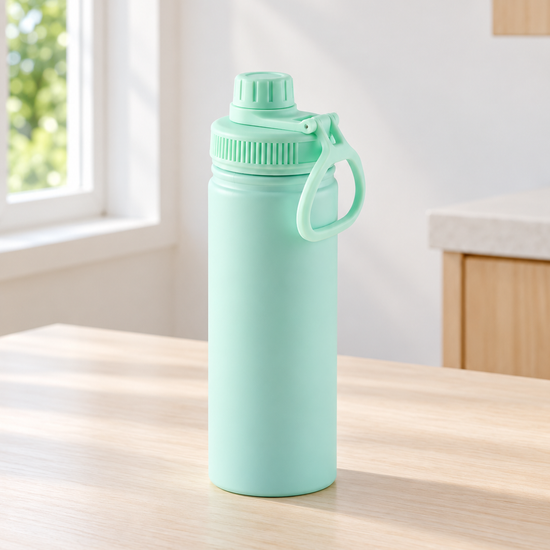 T&CO pastel mint green sports water bottle with ribbed screw spout cap and ergonomic carry loop