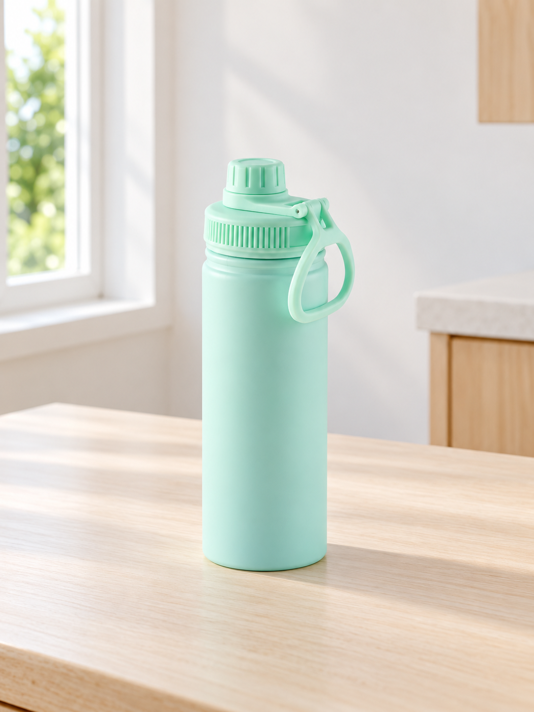 T&CO pastel mint green sports water bottle with ribbed screw spout cap and ergonomic carry loop