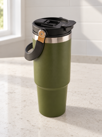 T&CO rugged olive green vacuum insulated travel tumbler with top swing carry handle, stainless steel rim, and flip spout lid