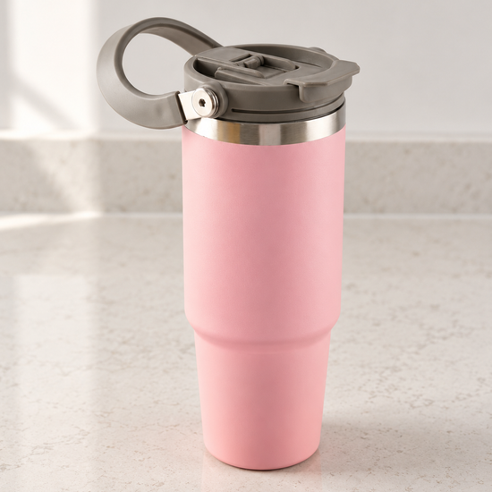 T&CO blush pink vacuum insulated travel tumbler with top folding swing carry handle and leak-resistant flip lid