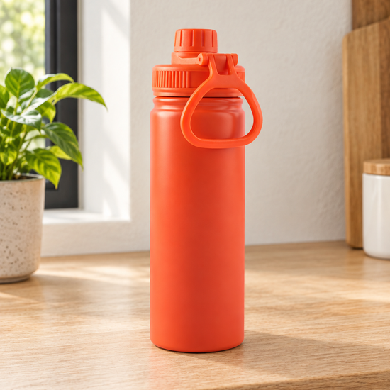 T&CO sports water bottle in vibrant matte crimson orange with ribbed leak-proof screw cap and flexible carry loop