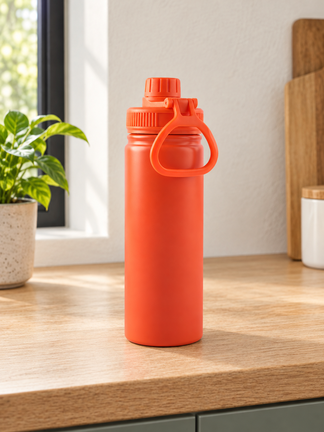 T&CO sports water bottle in vibrant matte crimson orange with ribbed leak-proof screw cap and flexible carry loop