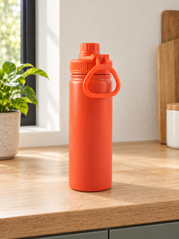 T&CO sports water bottle in vibrant matte crimson orange with ribbed leak-proof screw cap and flexible carry loop