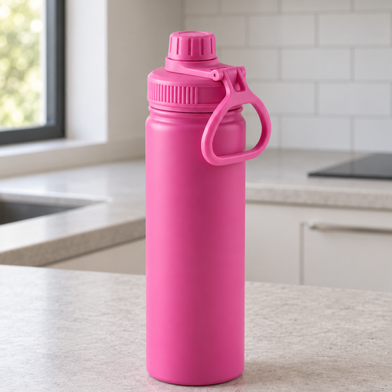 T&CO sports water bottle in bright matte fuchsia pink with ribbed leak-proof screw cap and carry loop