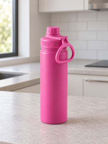 T&CO sports water bottle in bright matte fuchsia pink with ribbed leak-proof screw cap and carry loop