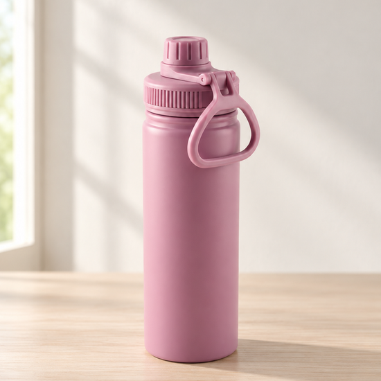 T&CO sports water bottle in elegant matte dusty rose mauve with ribbed leak-proof screw cap and carry loop