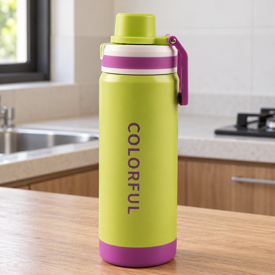 T&CO Colorful insulated sports bottle in lime green and purple trim with folding carry handle and protective bumper base