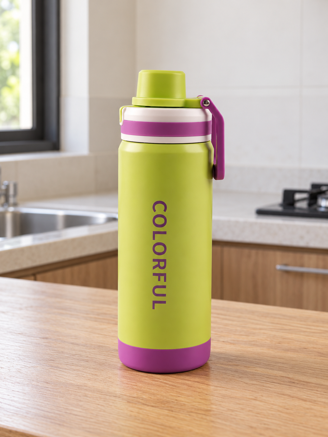 T&CO Colorful insulated sports bottle in lime green and purple trim with folding carry handle and protective bumper base