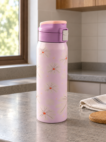 T&CO pastel lilac vacuum insulated flask featuring white daisy floral pattern and push-button flip lid with safety latch