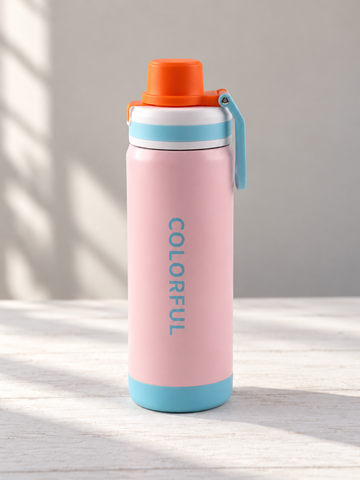 T&CO Colorful insulated sports bottle in baby pink with sky blue trim, orange spout cap, and folding carry handle
