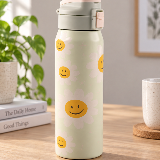 T&CO pastel sage green vacuum insulated flask featuring cheerful smiling daisy flowers and push-button flip lid with safety latch