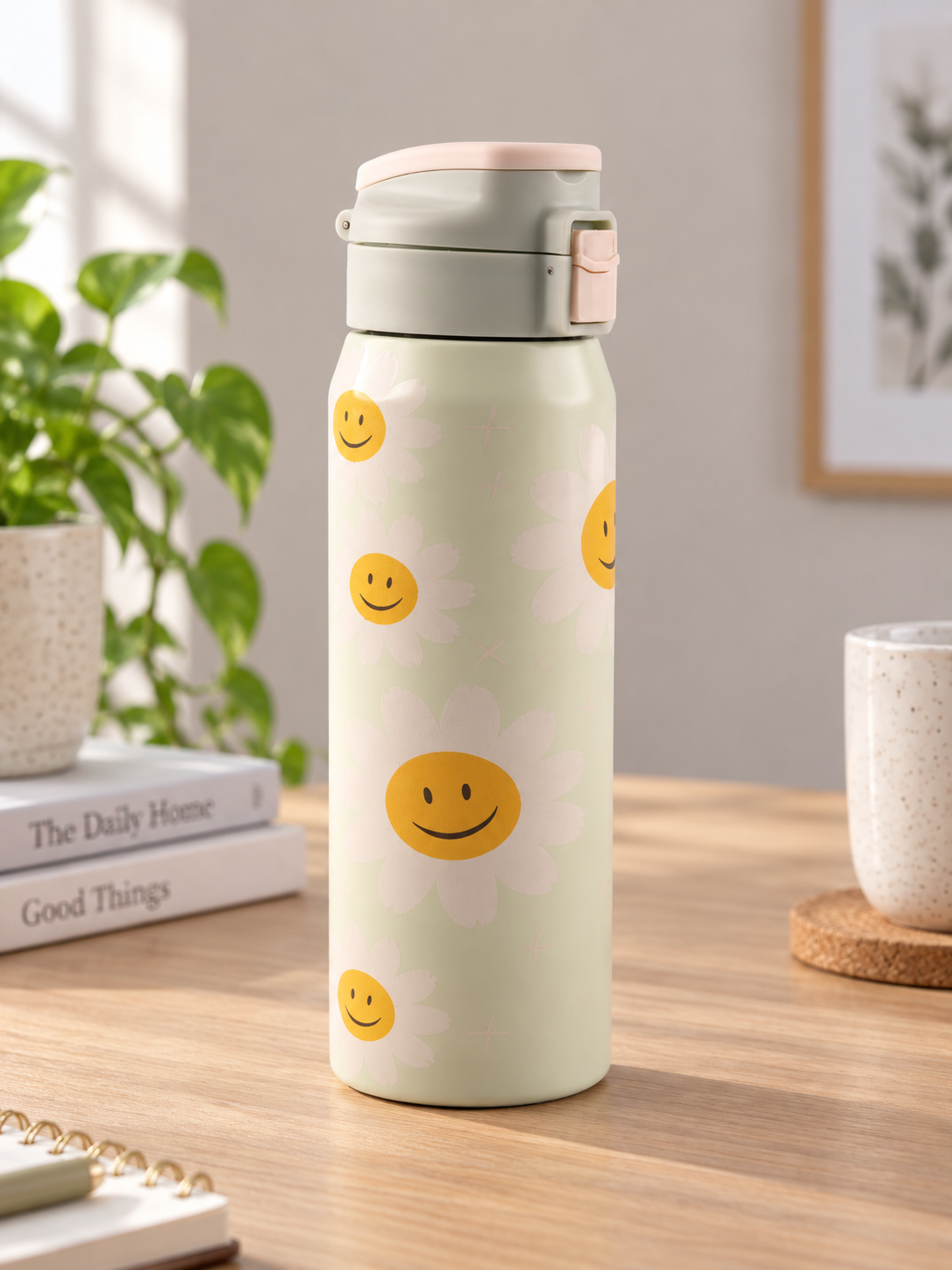T&CO pastel sage green vacuum insulated flask featuring cheerful smiling daisy flowers and push-button flip lid with safety latch