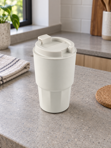 T&CO ivory white insulated coffee travel tumbler with geometric faceted base and hinged flip-top sipping lid