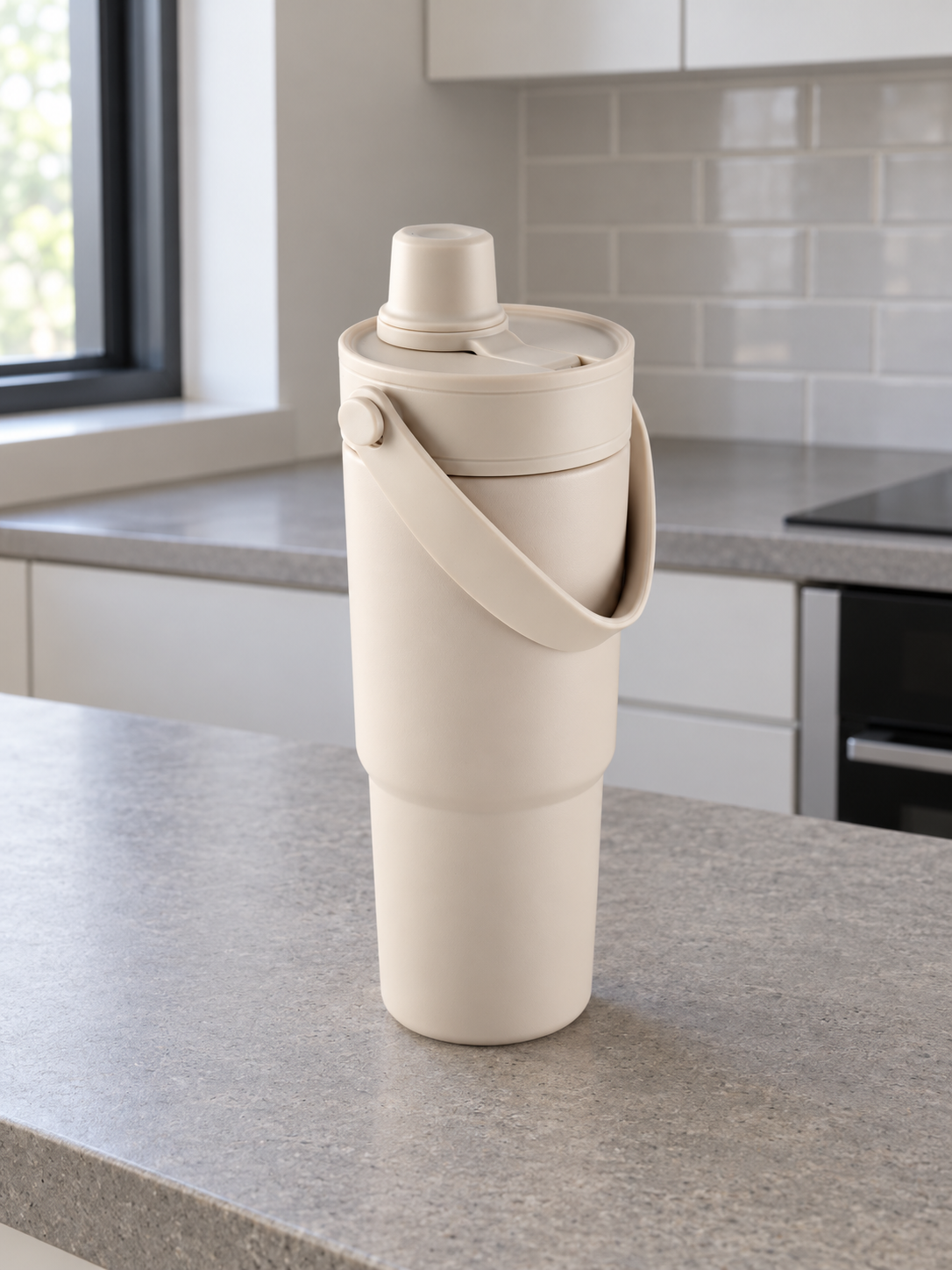 T&CO warm oatmeal beige insulated travel tumbler with folding swing carry handle and dual-action sipping spout lid