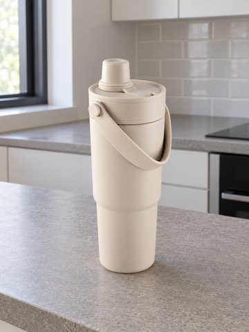 T&CO warm oatmeal beige insulated travel tumbler with folding swing carry handle and dual-action sipping spout lid