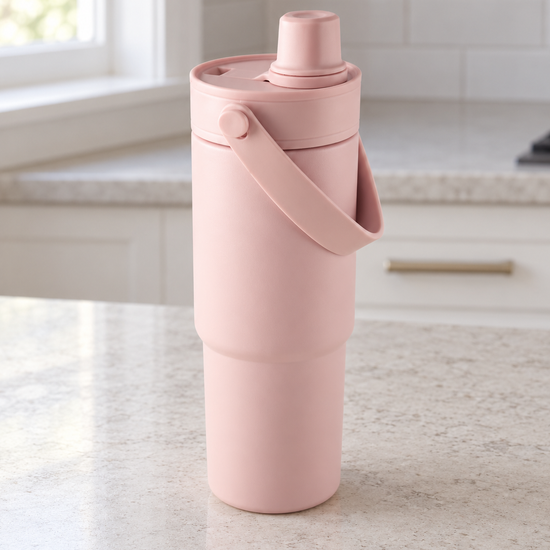 T&CO blush pink insulated travel tumbler with folding swing carry handle and dual-action sipping spout lid
