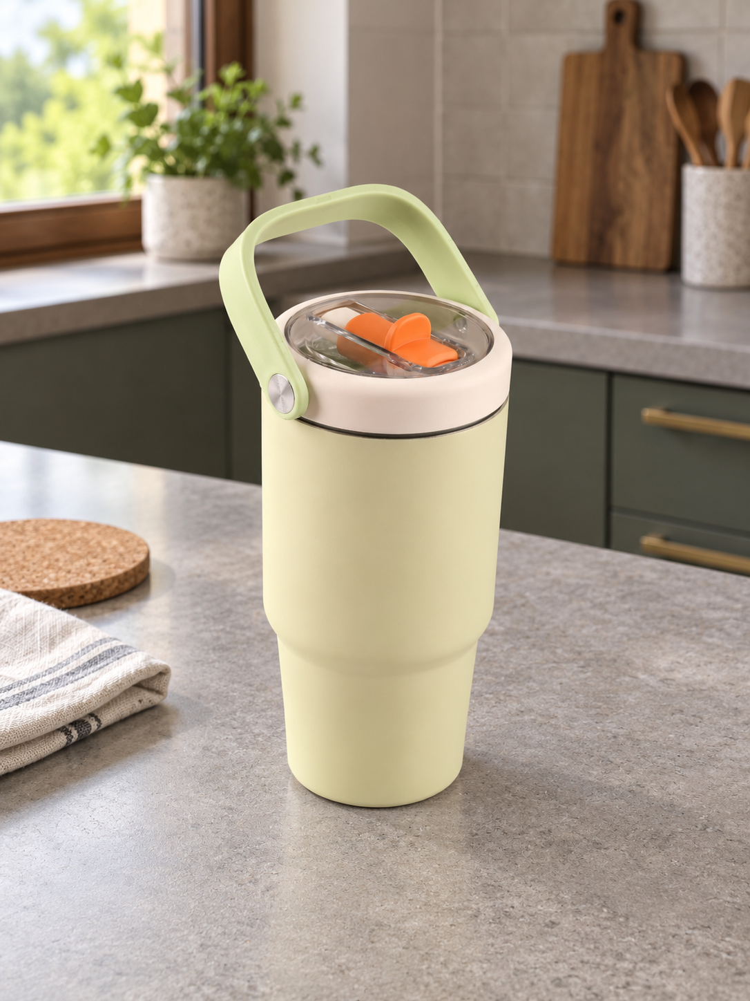 T&CO pastel lemon chiffon yellow vacuum insulated travel tumbler with green swing carry handle and clear lid with orange sipper