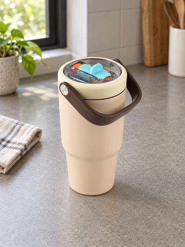 T&CO warm peach vacuum insulated travel tumbler with mocha brown swing carry handle and clear lid with blue-and-orange sipper
