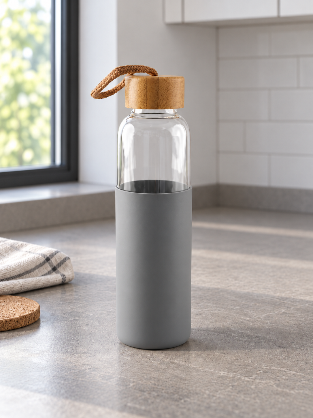 T&CO clear borosilicate glass water bottle with stone grey silicone sleeve, natural bamboo lid, and braided carry cord