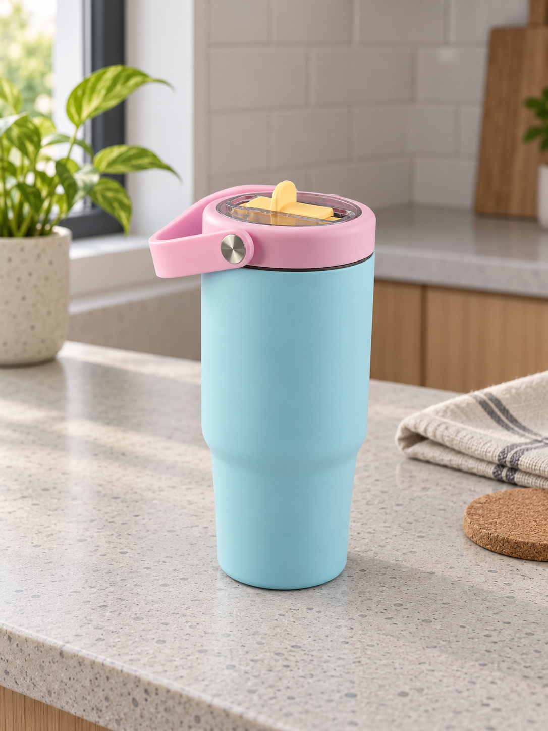 T&CO pastel sky blue vacuum insulated travel tumbler with pastel pink swing carry handle and transparent sip lid