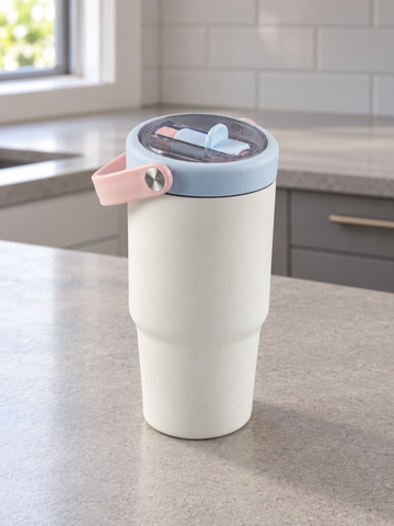 T&CO cream off-white vacuum insulated travel tumbler with pastel pink swing carry handle and pastel blue sip flap