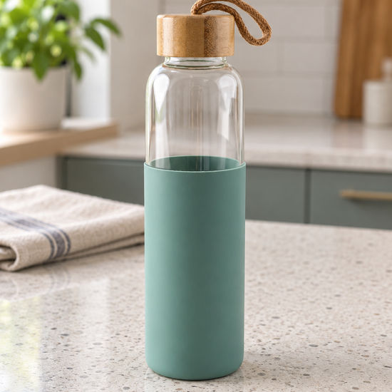 T&CO transparent borosilicate glass water bottle with sage green silicone protective sleeve and natural bamboo twist cap