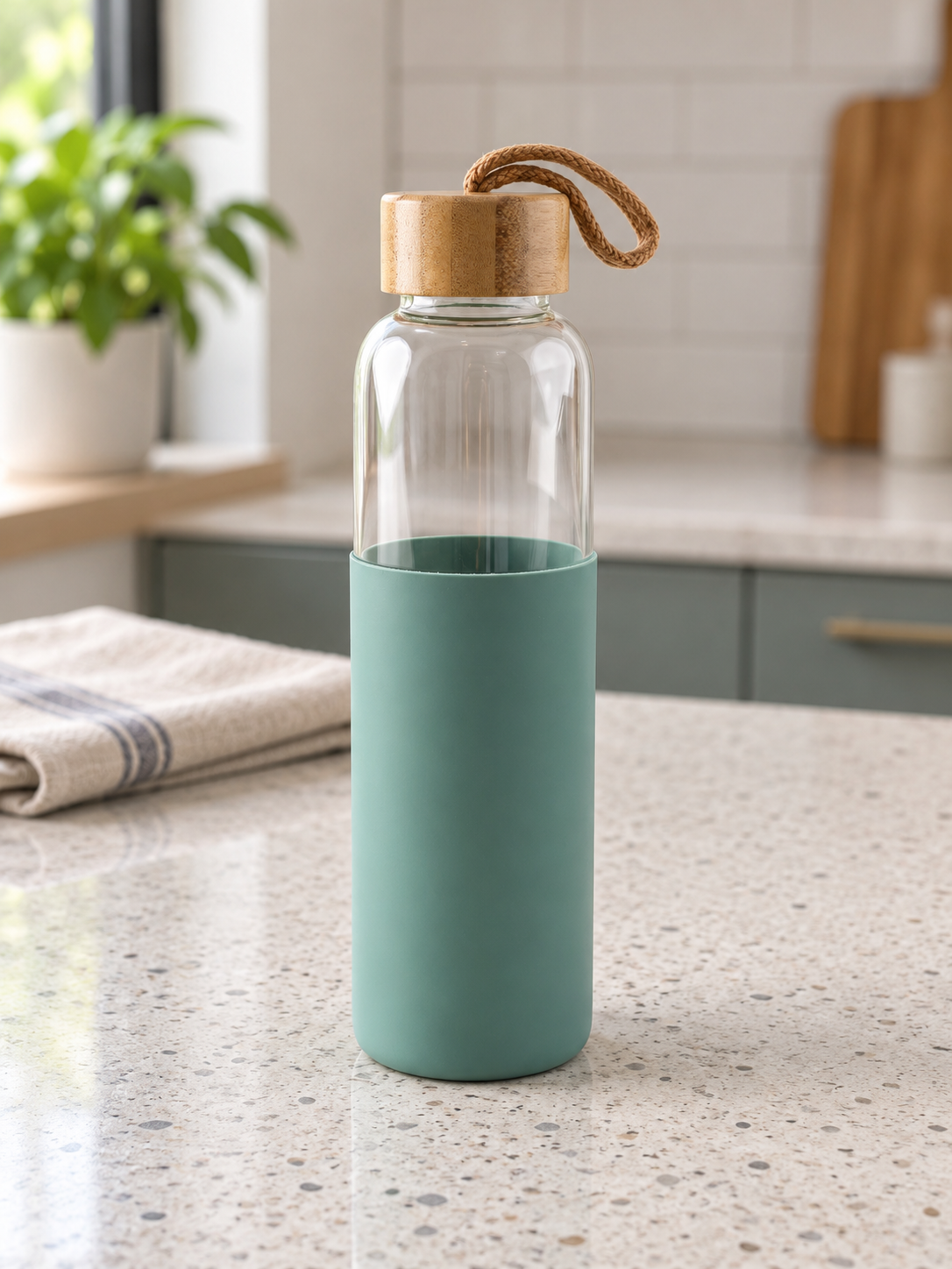 T&CO transparent borosilicate glass water bottle with sage green silicone protective sleeve and natural bamboo twist cap