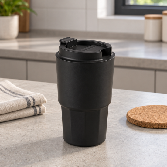 T&CO matte black insulated coffee travel tumbler with geometric faceted lower base and hinged flip-top sip lid