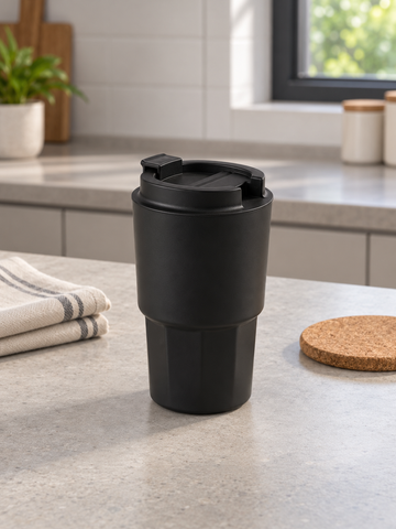 T&CO matte black insulated coffee travel tumbler with geometric faceted lower base and hinged flip-top sip lid