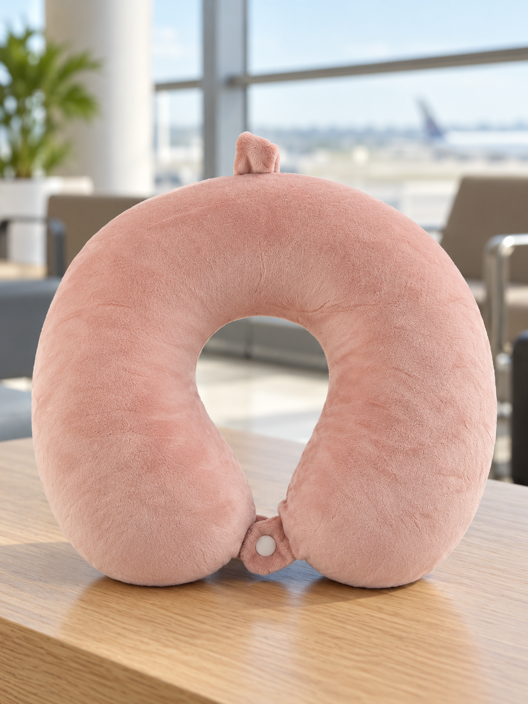 T&CO dusty rose pink soft plush U-shaped memory foam travel neck pillow with front snap button closure and luggage hanging loop