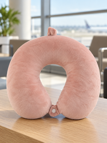 T&CO dusty rose pink soft plush U-shaped memory foam travel neck pillow with front snap button closure and luggage hanging loop