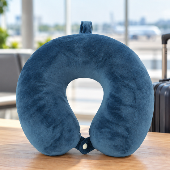 T&CO slate blue velvet plush U-shaped memory foam travel neck pillow with secure front snap button and top carry loop