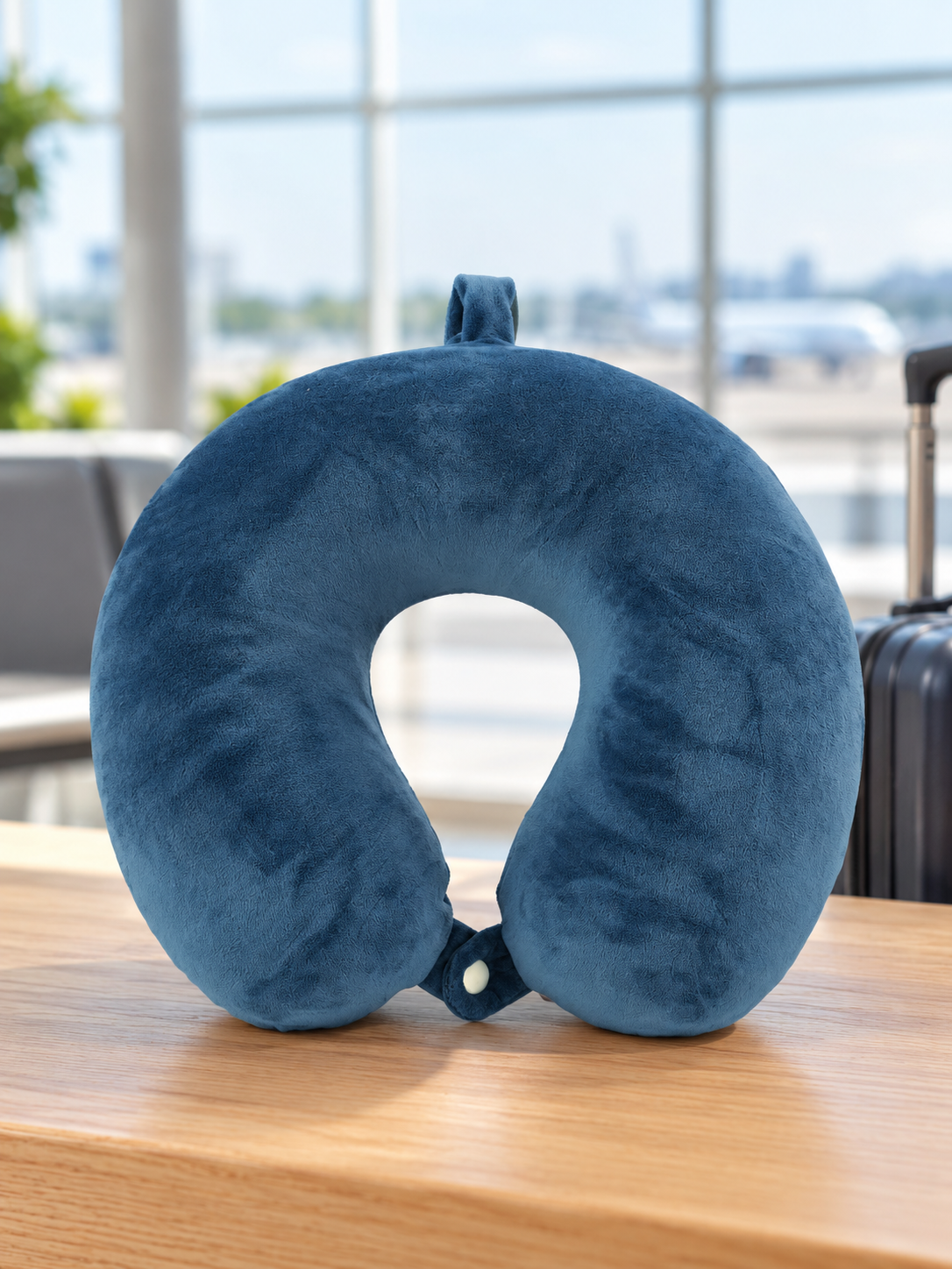 T&CO slate blue velvet plush U-shaped memory foam travel neck pillow with secure front snap button and top carry loop